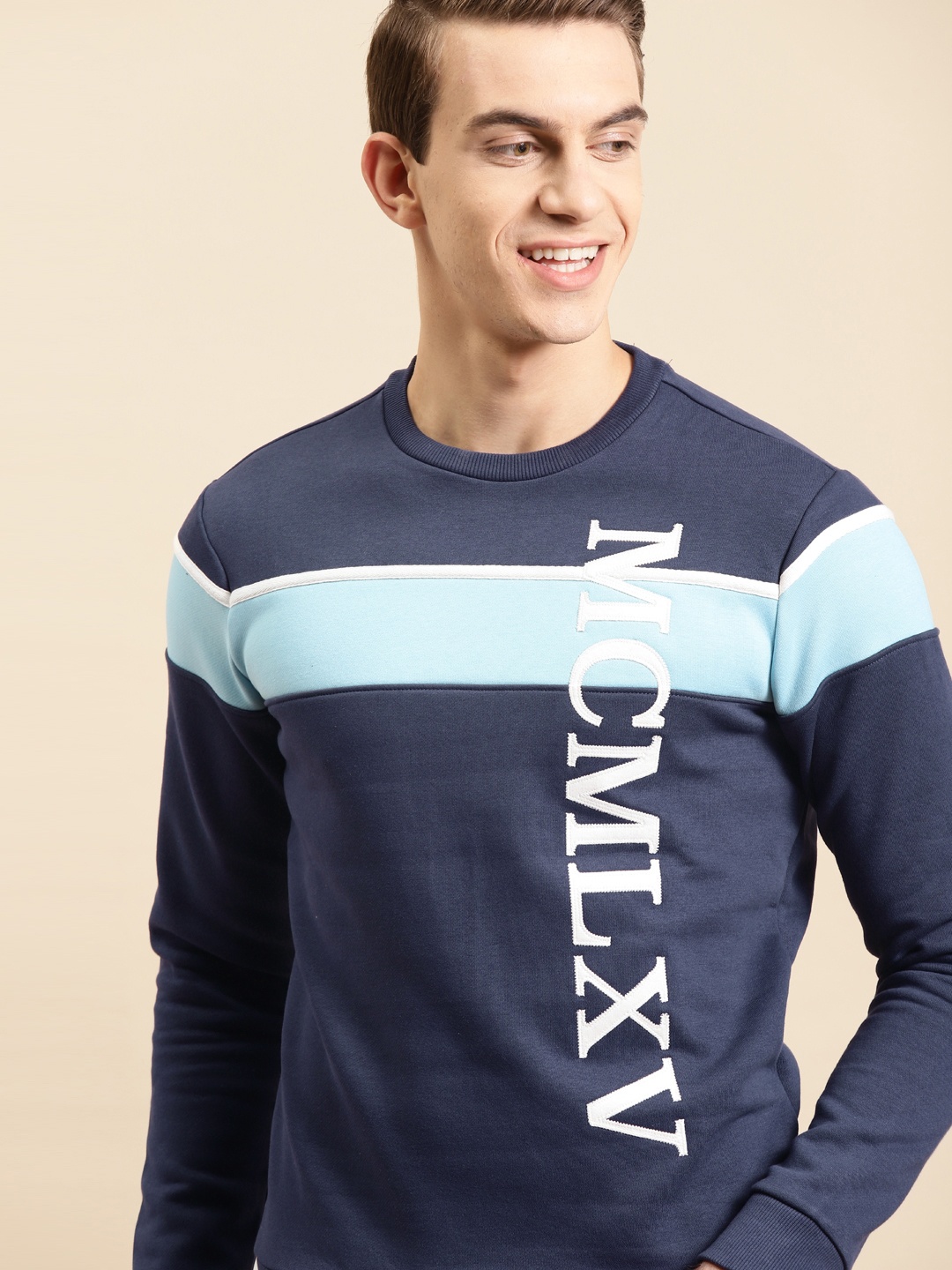 

United Colors of Benetton Men Navy Blue Printed & Striped Detail Sweatshirt