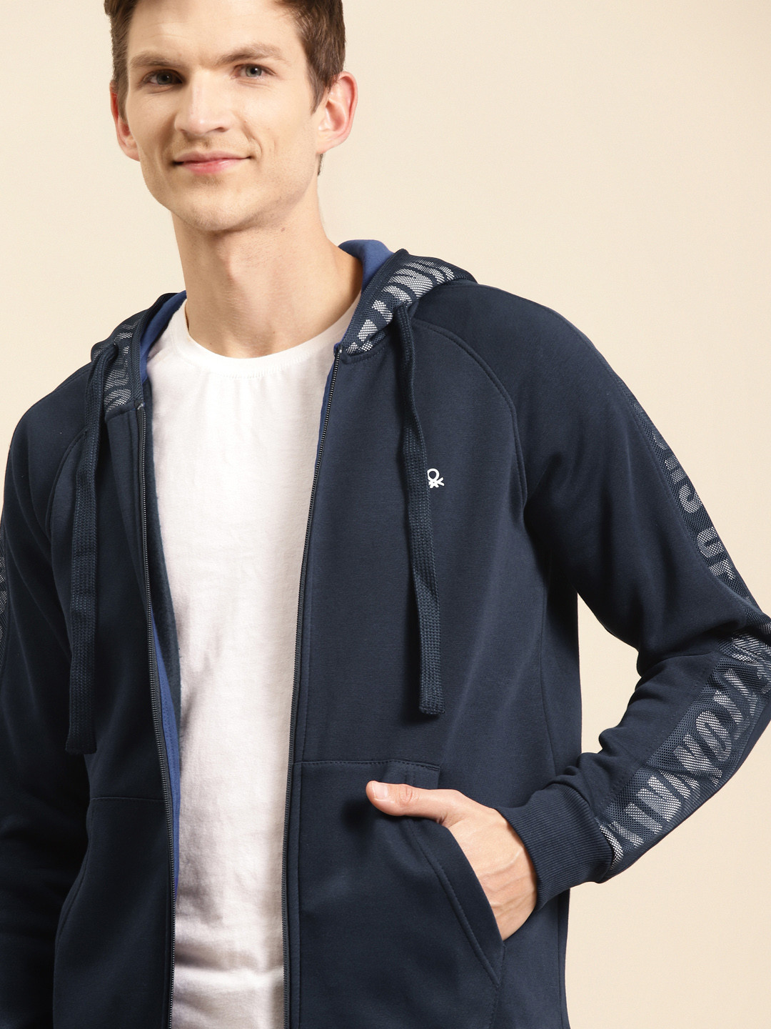 

United Colors of Benetton Men Navy Blue Solid Hooded Sweatshirt