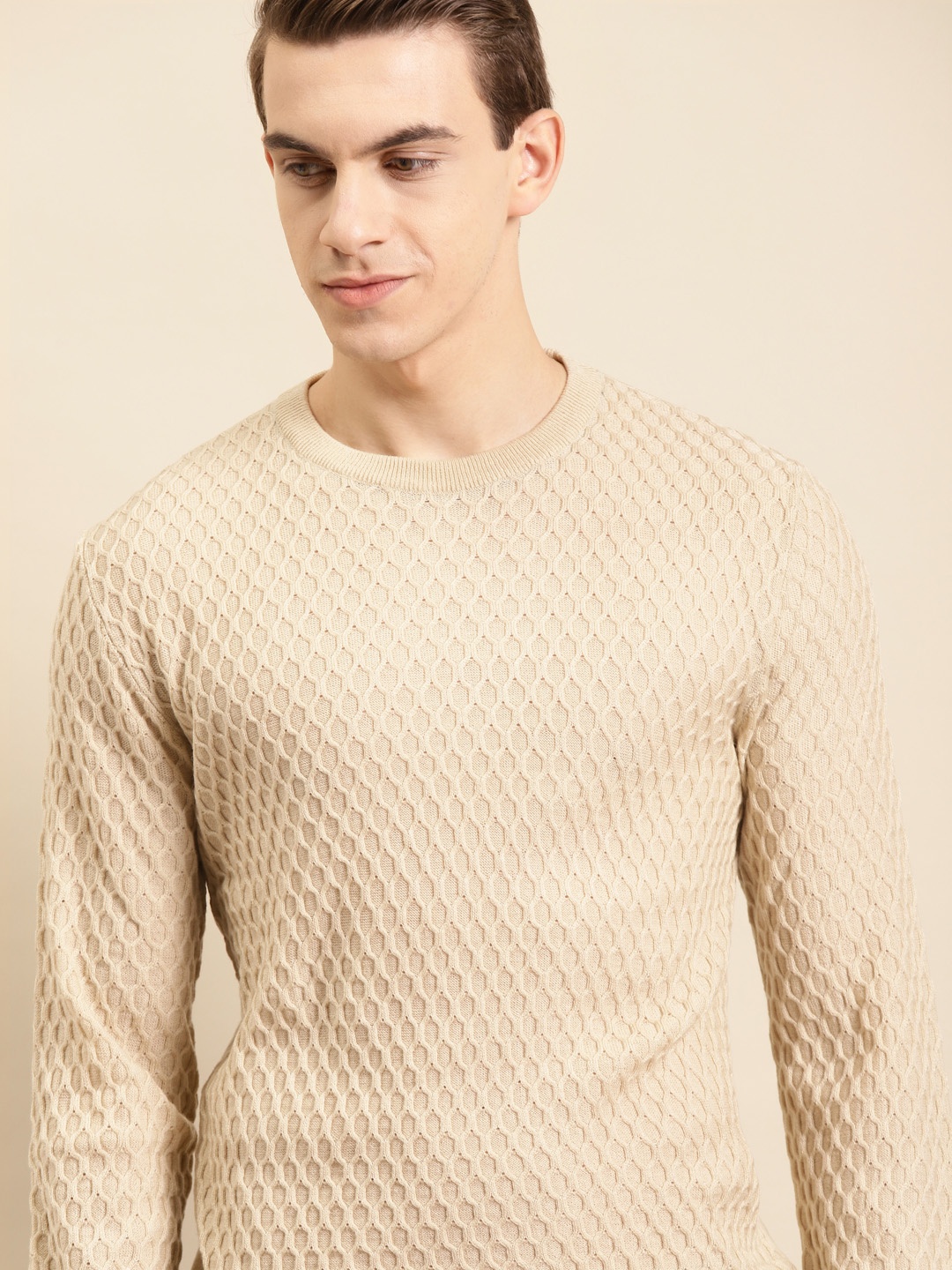 

United Colors of Benetton Men Beige Acrowool Honey Comb Pullover
