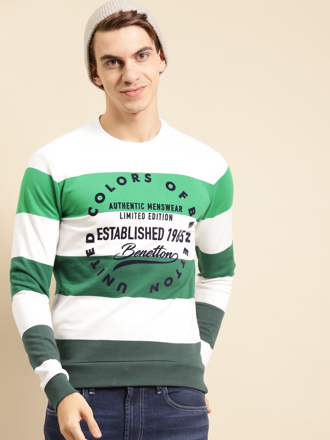 

United Colors of Benetton Men Green & White Pure Cotton Striped Sweatshirt