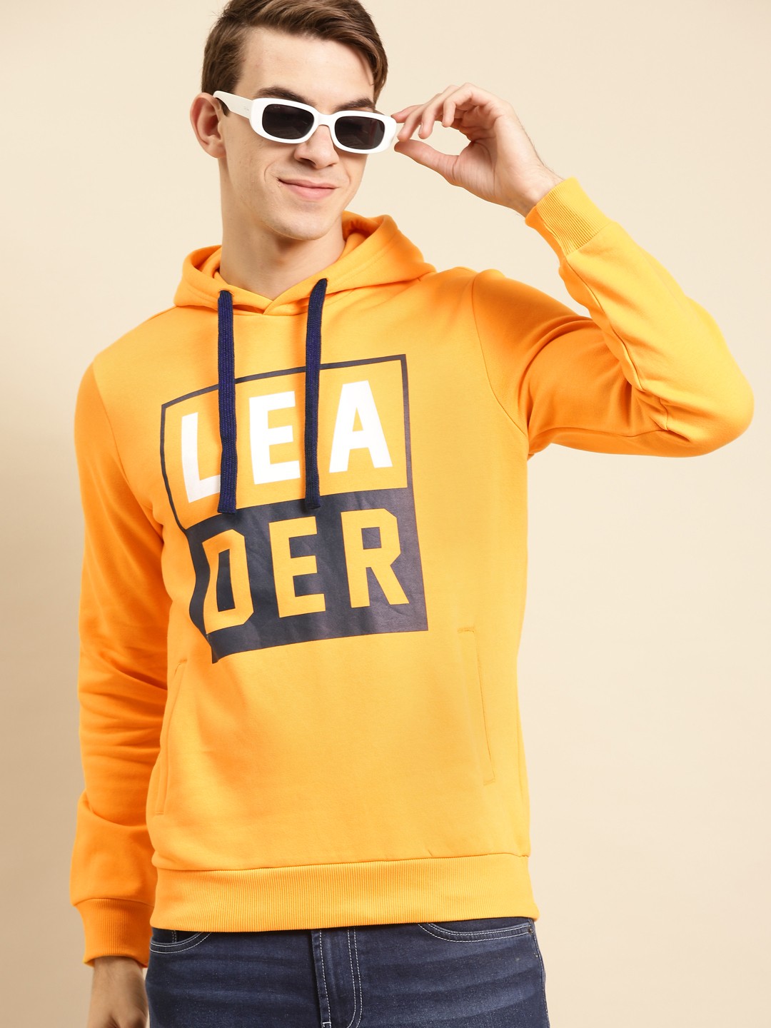 

United Colors of Benetton Men Mustard Yellow Pure Cotton Printed Hooded Sweatshirt