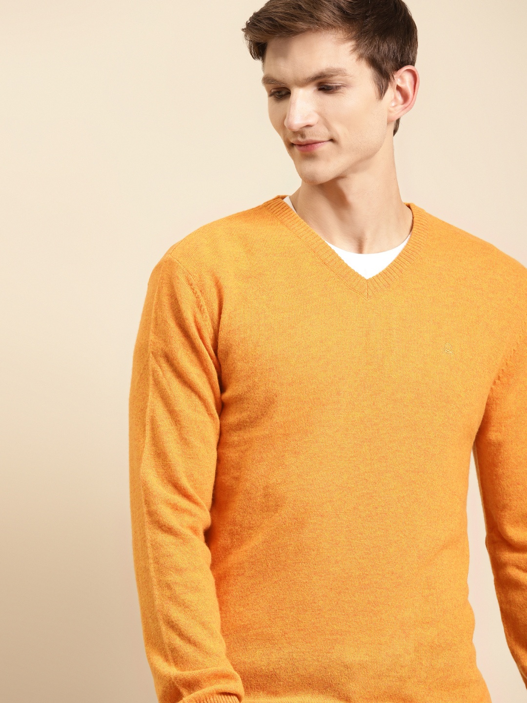 

United Colors of Benetton Men Yellow V-Neck Solid Pullover