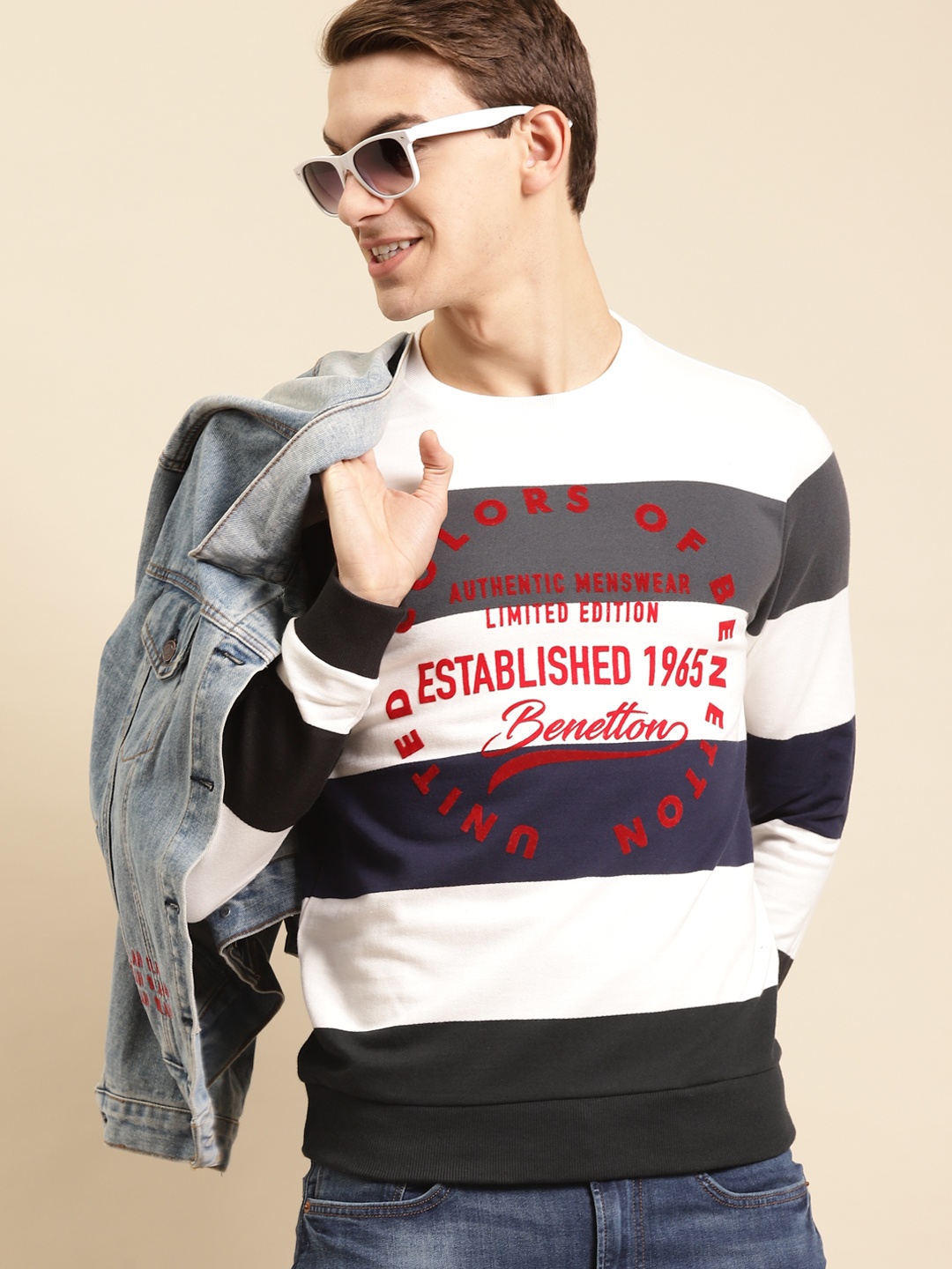 

United Colors of Benetton Men White & Charcoal Grey Pure Cotton Striped Sweatshirt