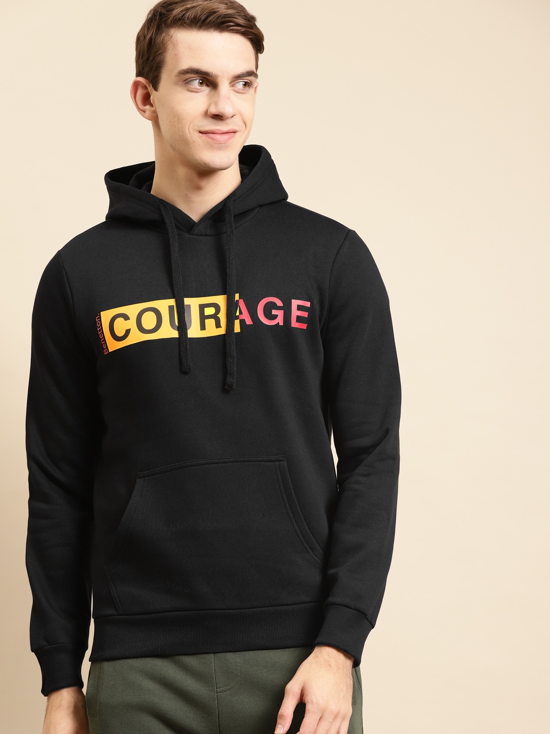 

United Colors of Benetton Men Black Printed Hooded Sweatshirt