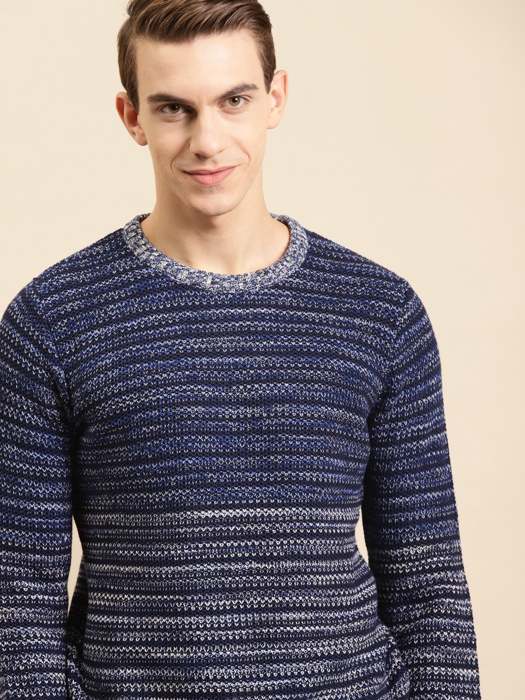 

United Colors of Benetton Men Blue & White Pure Cotton Striped Pullover