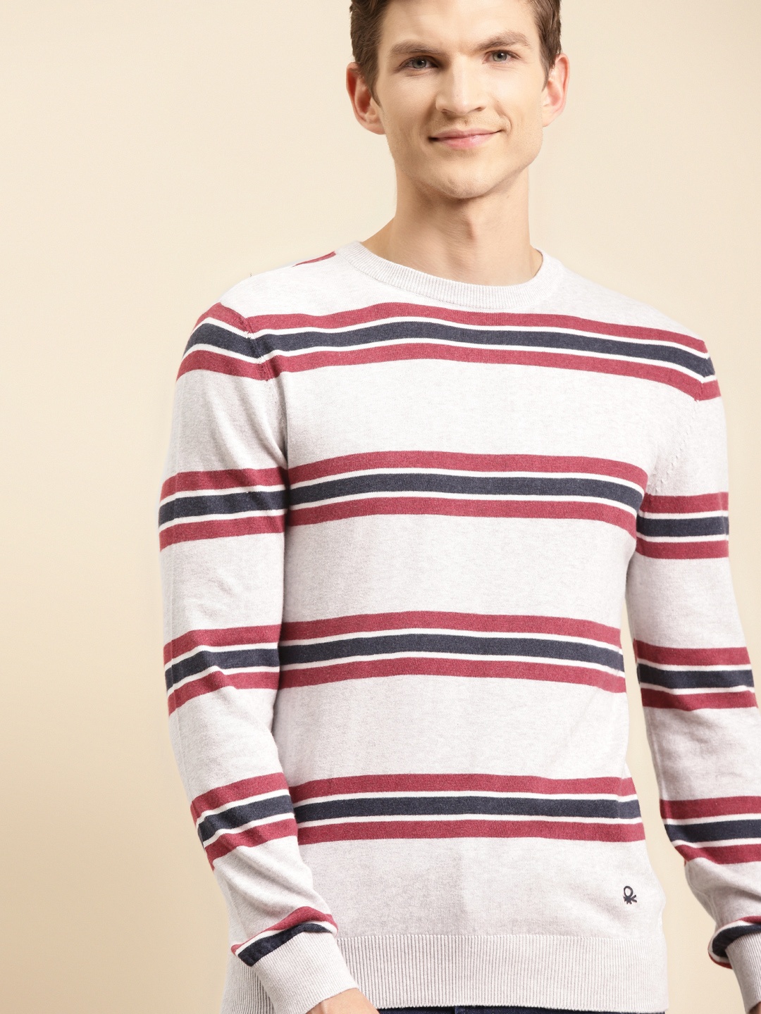 

United Colors of Benetton Men Grey Melange & Maroon Pure Cotton Striped Pullover