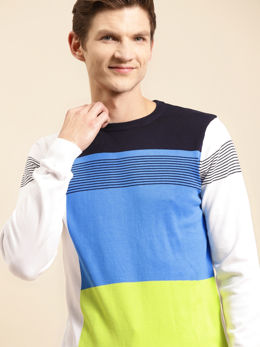 

United Colors of Benetton Men Blue & Lime Green Colourblocked Pullover