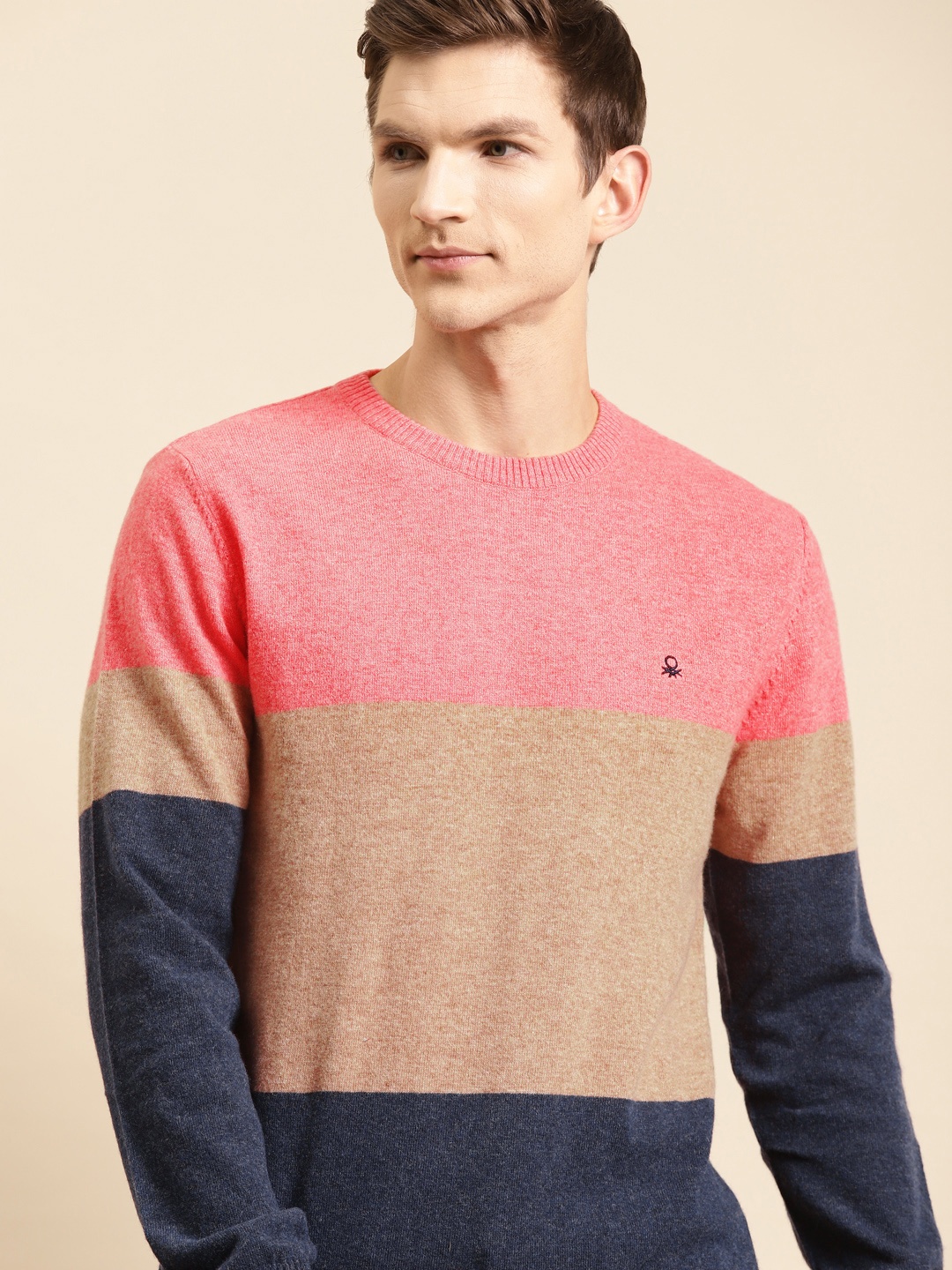 

United Colors of Benetton Men Pink & Beige Colourblocked Pullover