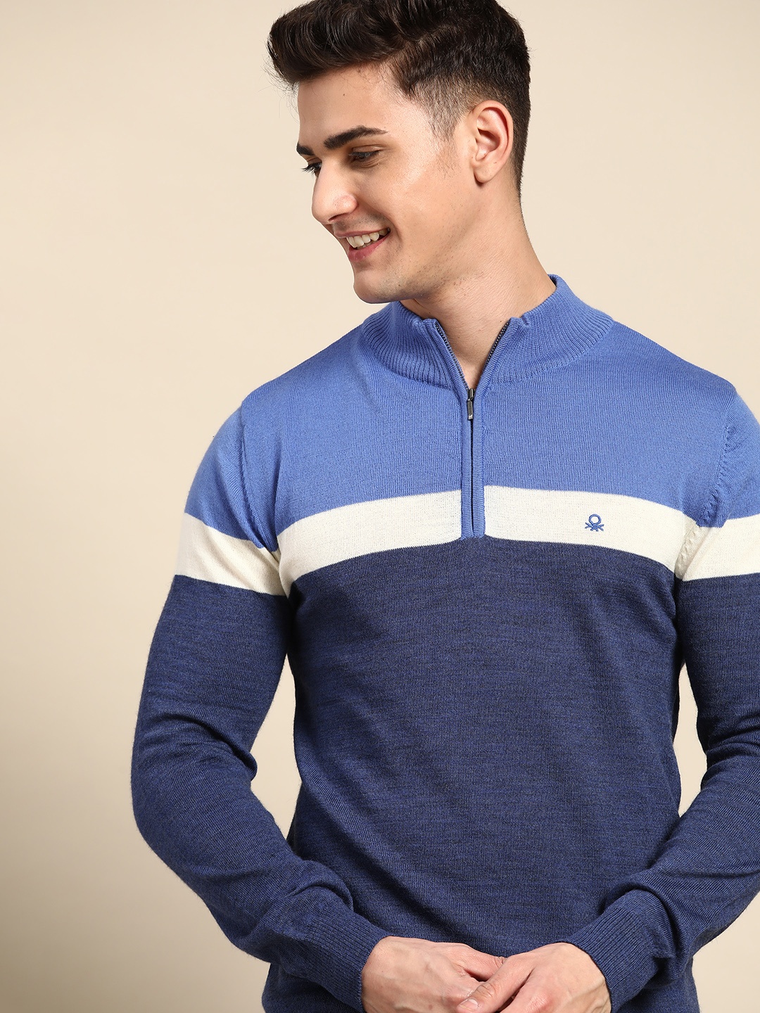 

United Colors of Benetton Men Blue & White Colourblocked Merino Wool Pullover