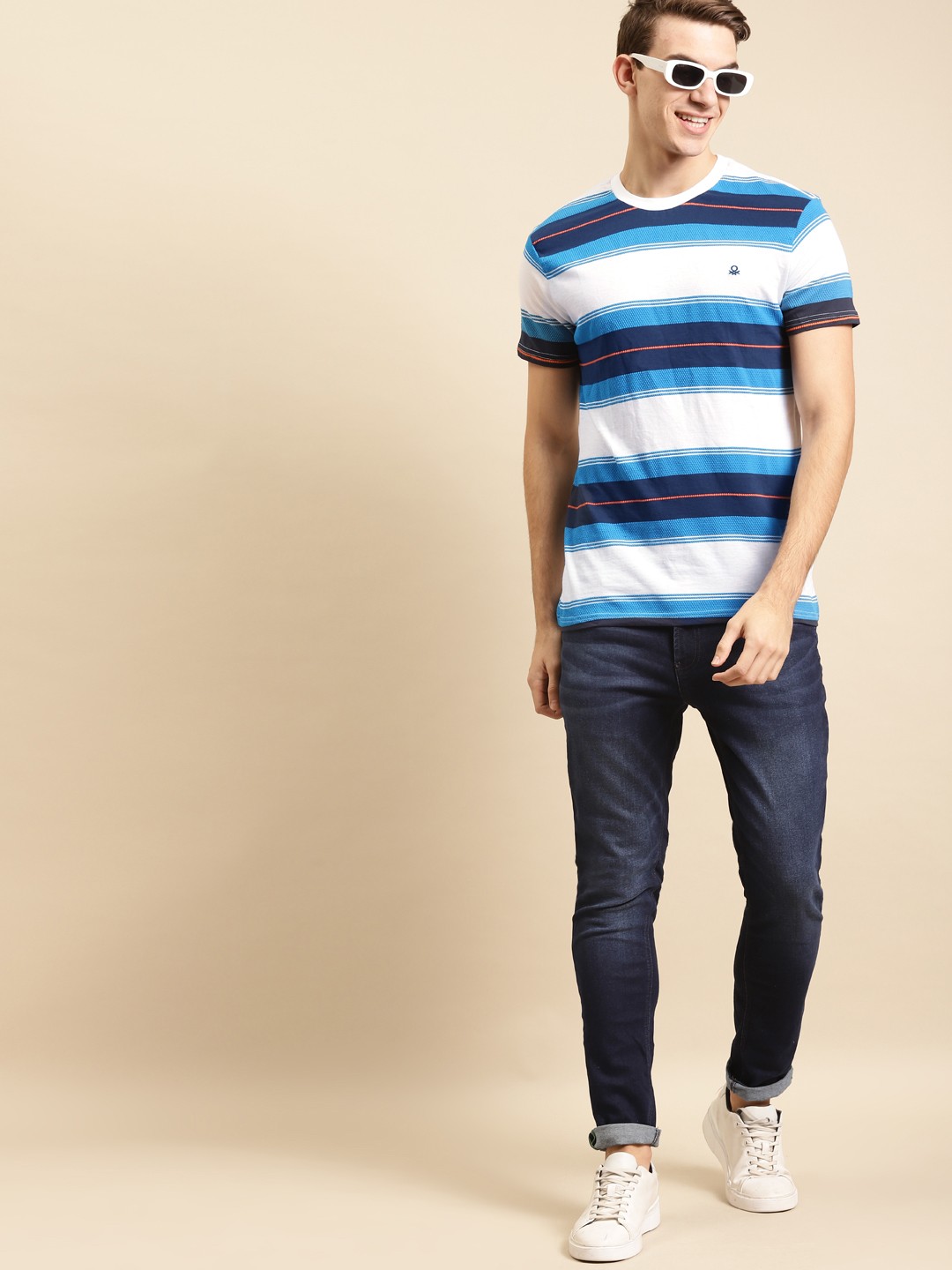 

United Colors of Benetton Men Blue & White Pure Cotton Striped T-shirt