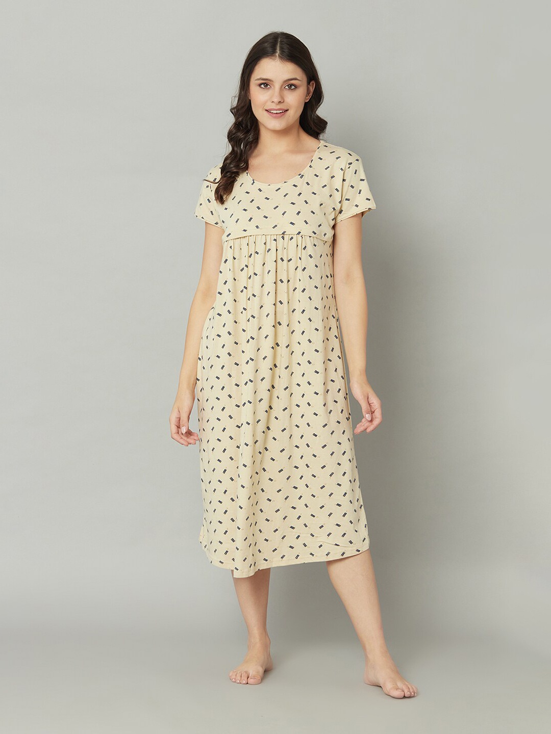 

TRUNDZ Cream-Coloured Printed Pure Cotton Maternity Nightdress