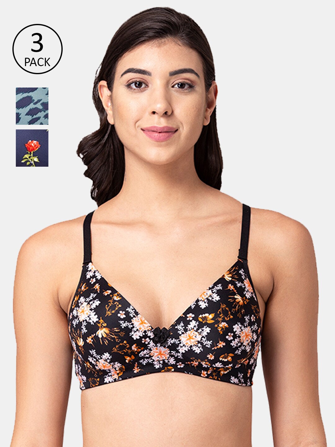 

Tweens Set-3 Black & Blue Floral T-shirt Bra Lightly Padded