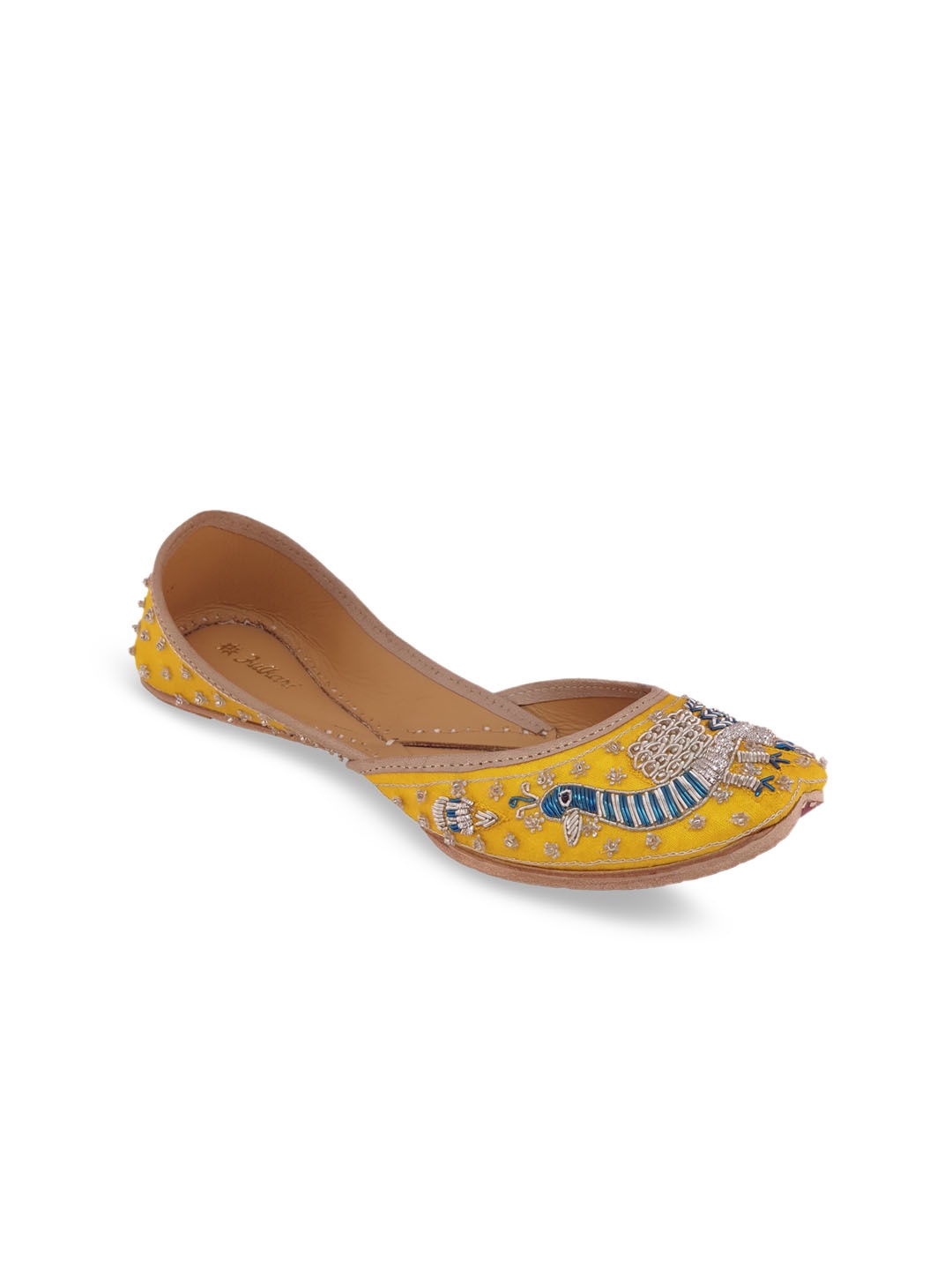 

Fulkari Women Yellow & Blue Embellished Leather Ethnic Mojaris