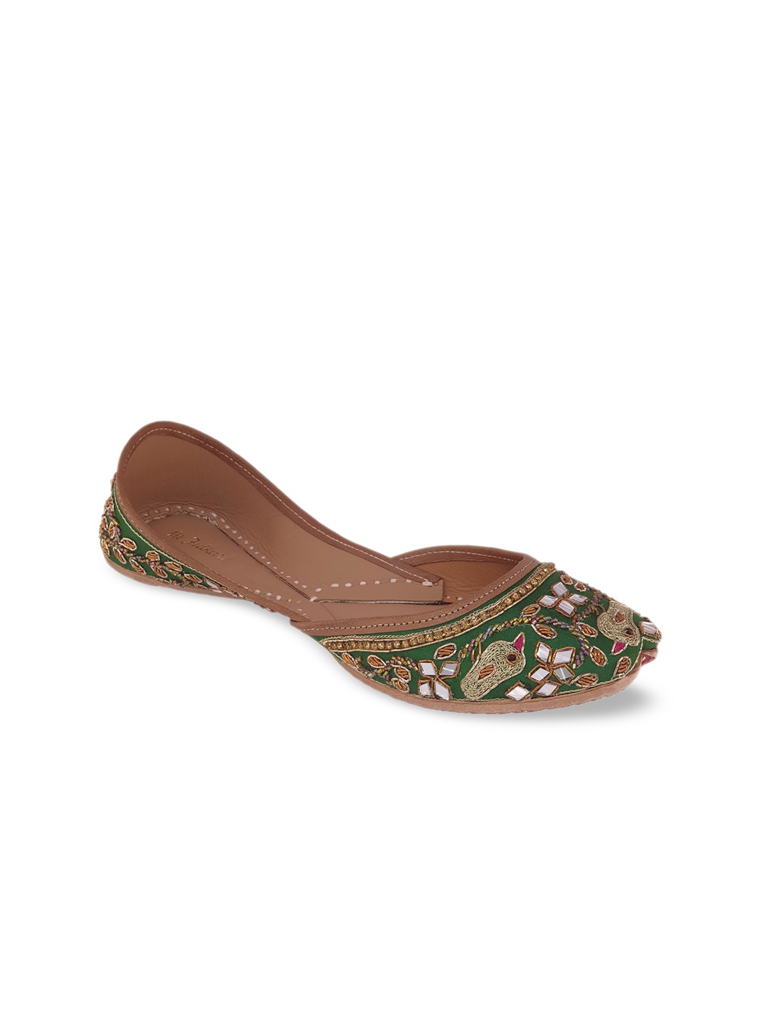 

Fulkari Women Green Embellished Leather Ethnic Mojaris Flats