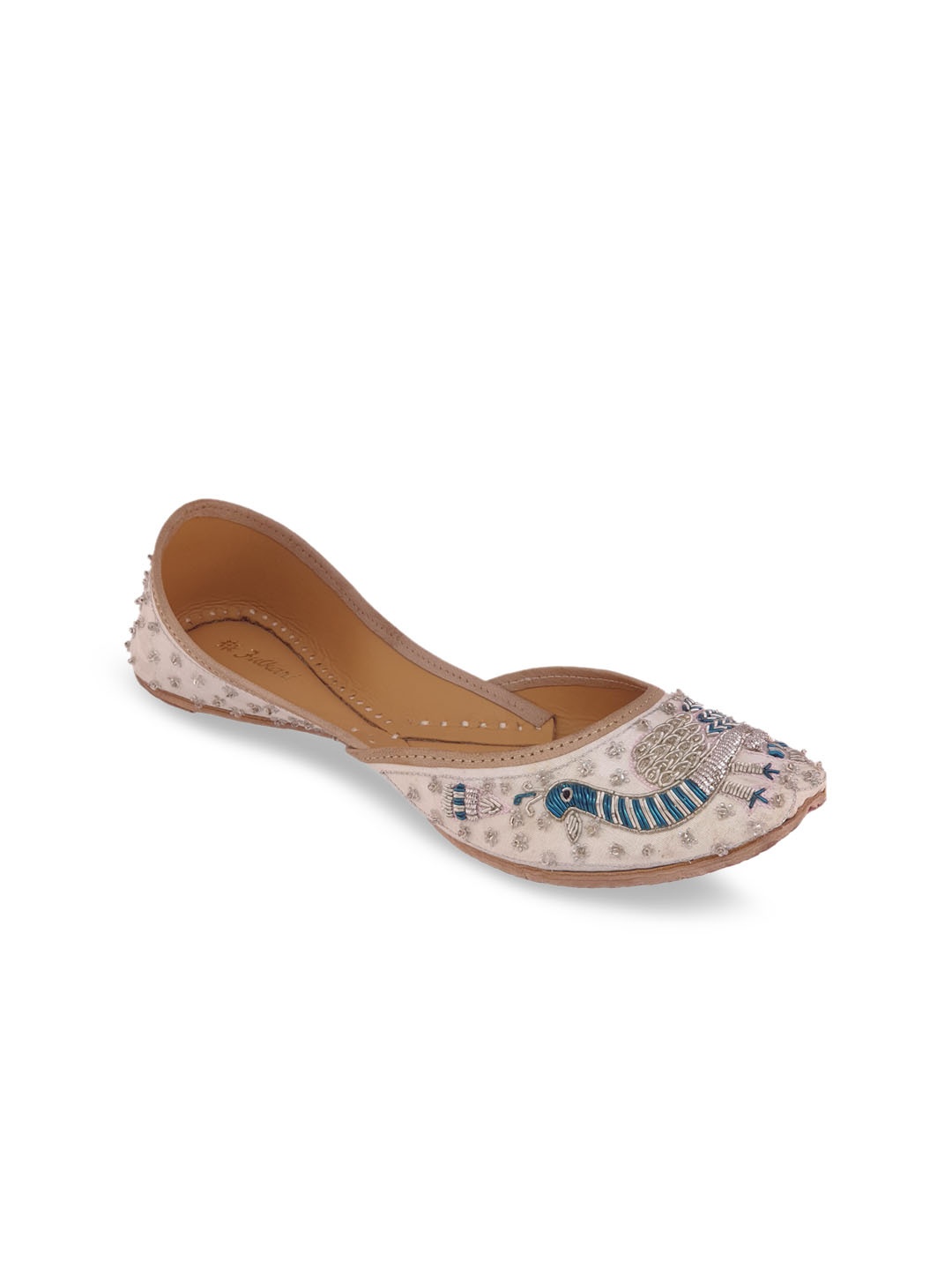 

Fulkari Women White Embellished Leather Ethnic Mojaris Flats