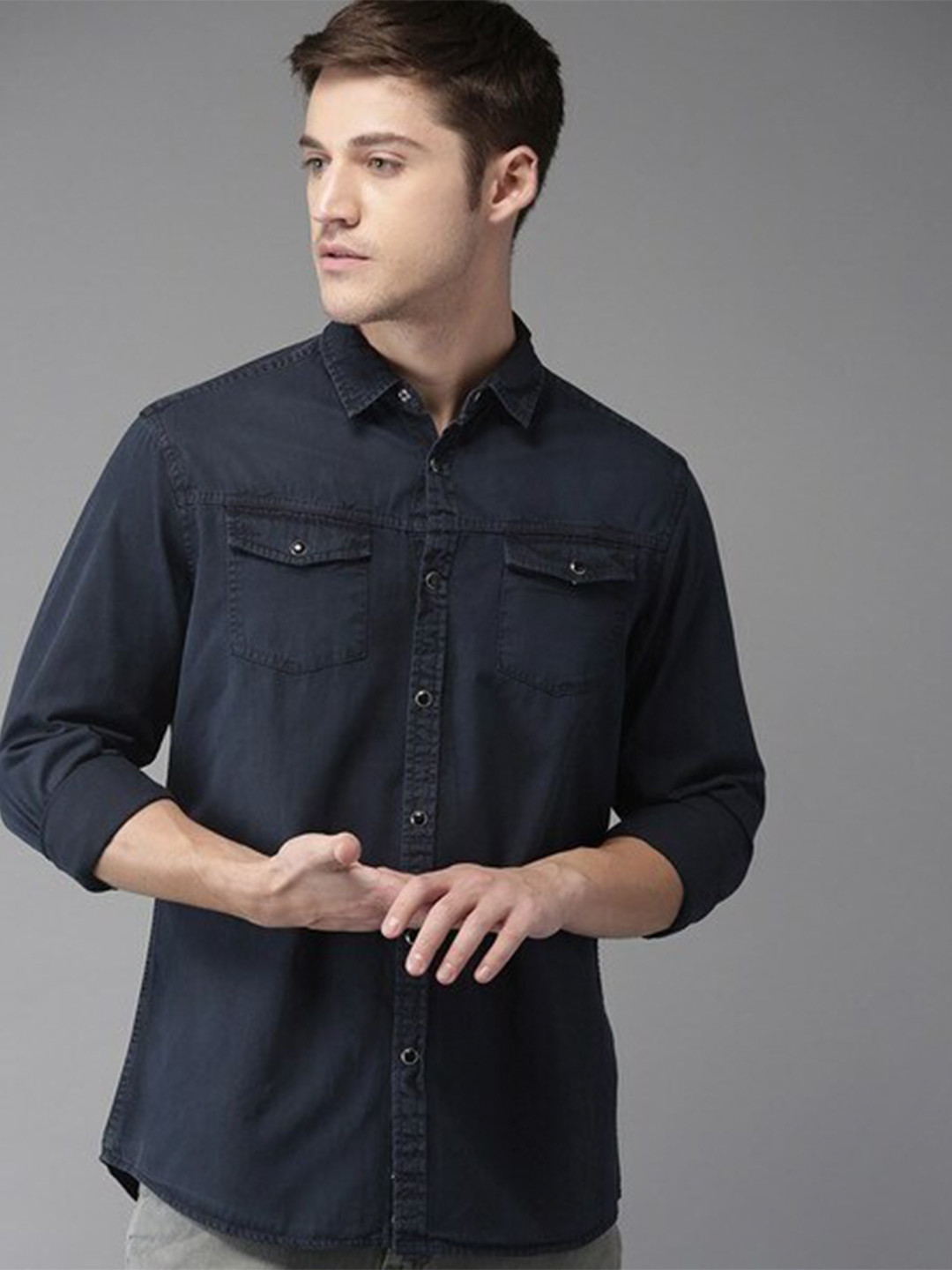 

THE BEAR HOUSE Men Navy Blue Slim Fit Solid Casual Shirt