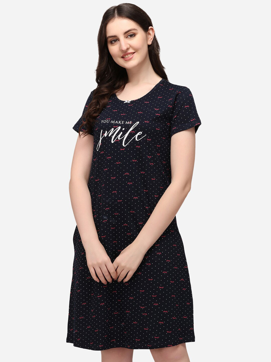 

Lenissa Navy Blue Printed Pure Cotton T-shirt Nightdress