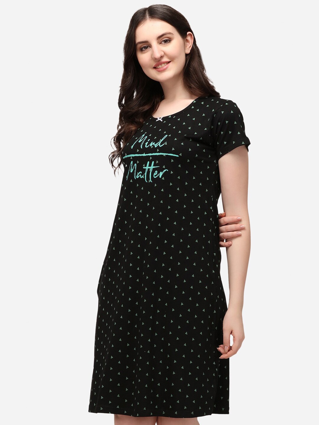 

Lenissa Black Printed Pure Cotton T-Shirt Nightdress