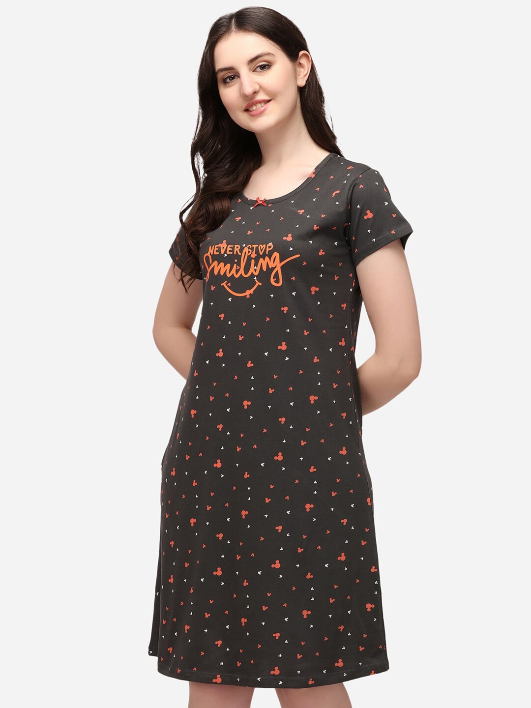 

Lenissa Grey & Orange Printed Pure Cotton T-shirt Nightdress