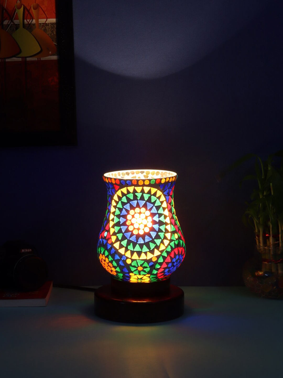 

Devansh Multicoloured Printed Mosaic Glass Table Lamp With Wooden Base, Multi