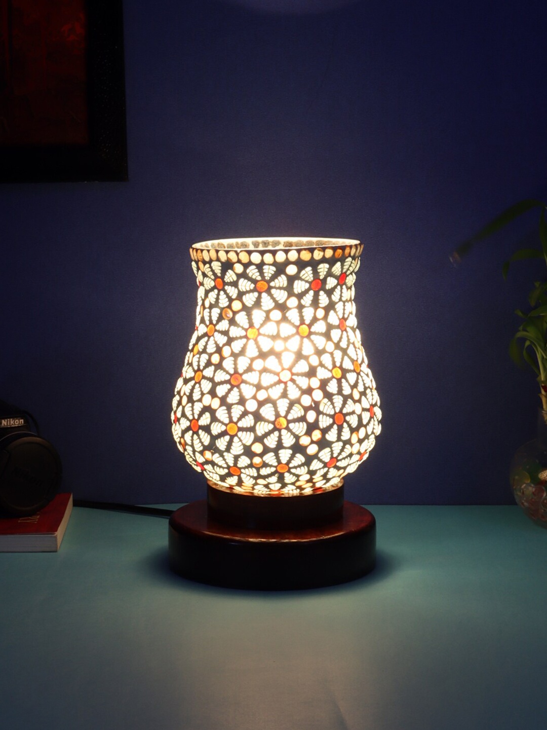 

Devansh Multicoloured Printed Mosaic Glass Table Lamp With Wooden Base, Multi