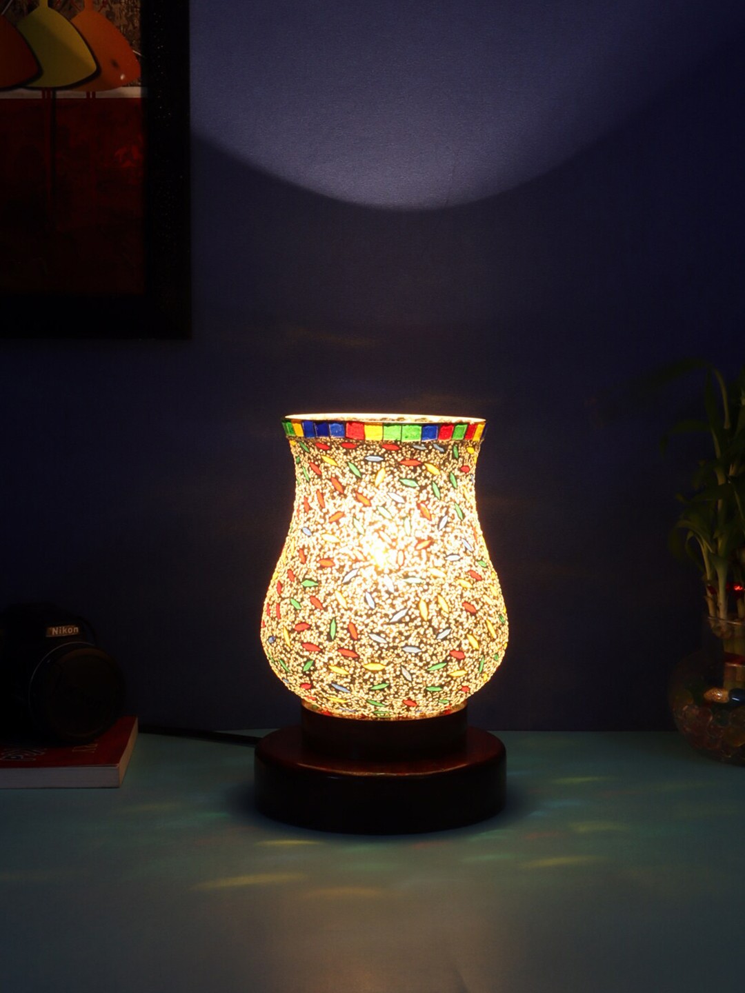 

Devansh Multicolored Mosaic Glass Table Lamp With Wooden Base, Multi