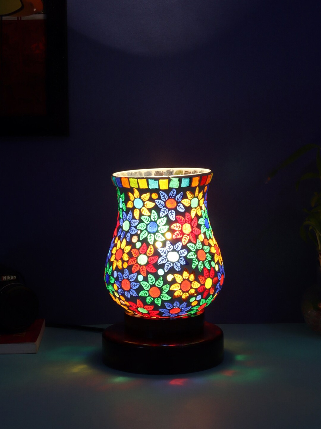 

Devansh Multicolor Mosaic Glass Table Lamp With Wood Base, Multi