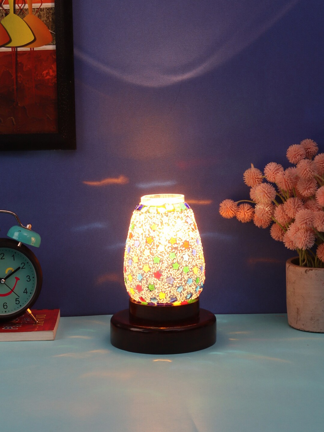 Devansh Multicoloured Mosaic Glass Table Lamp With Wood Base, Multi