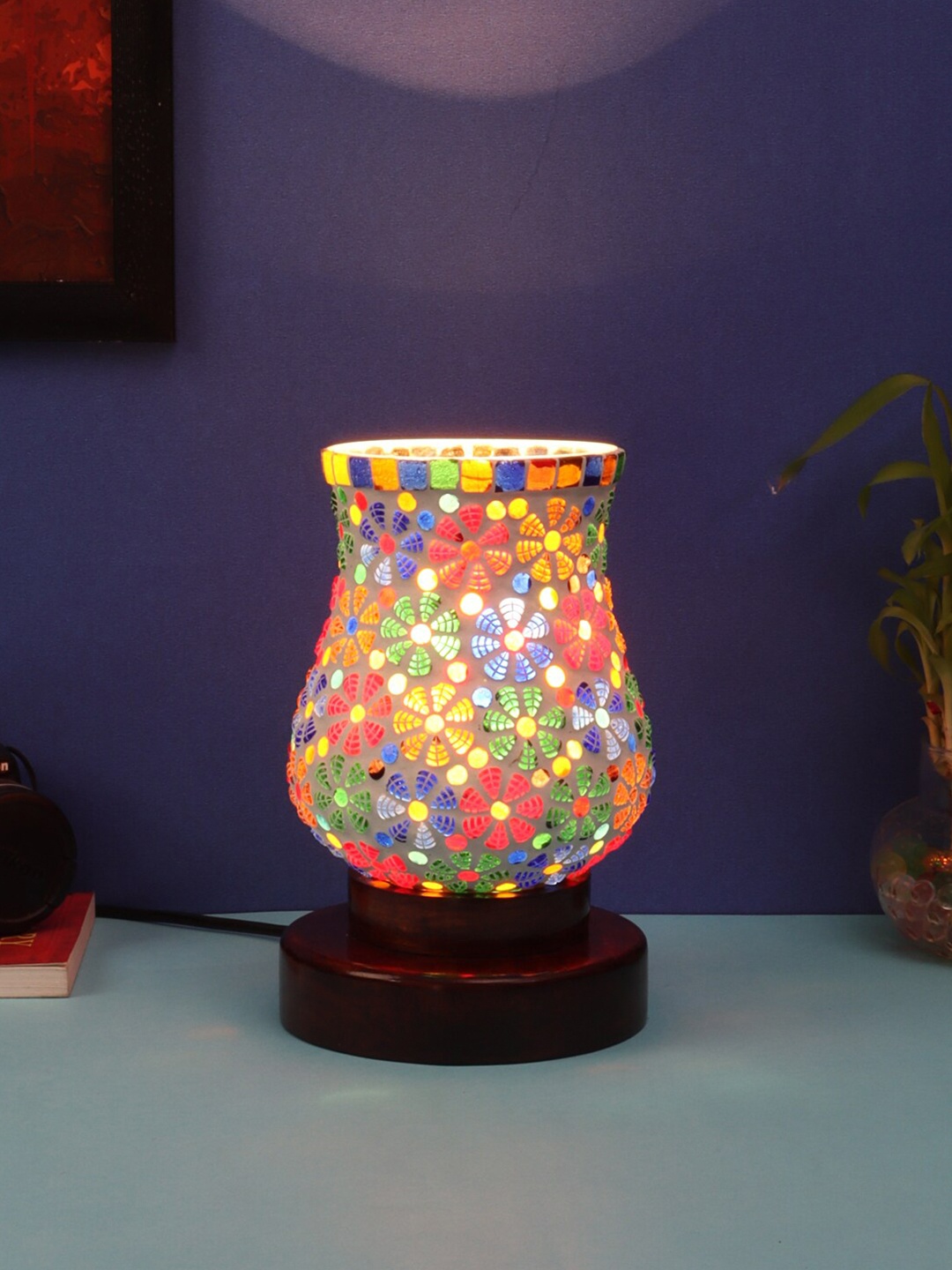 

Devansh Multicolor Mosaic Glass Table Lamp With Wood Base, Multi