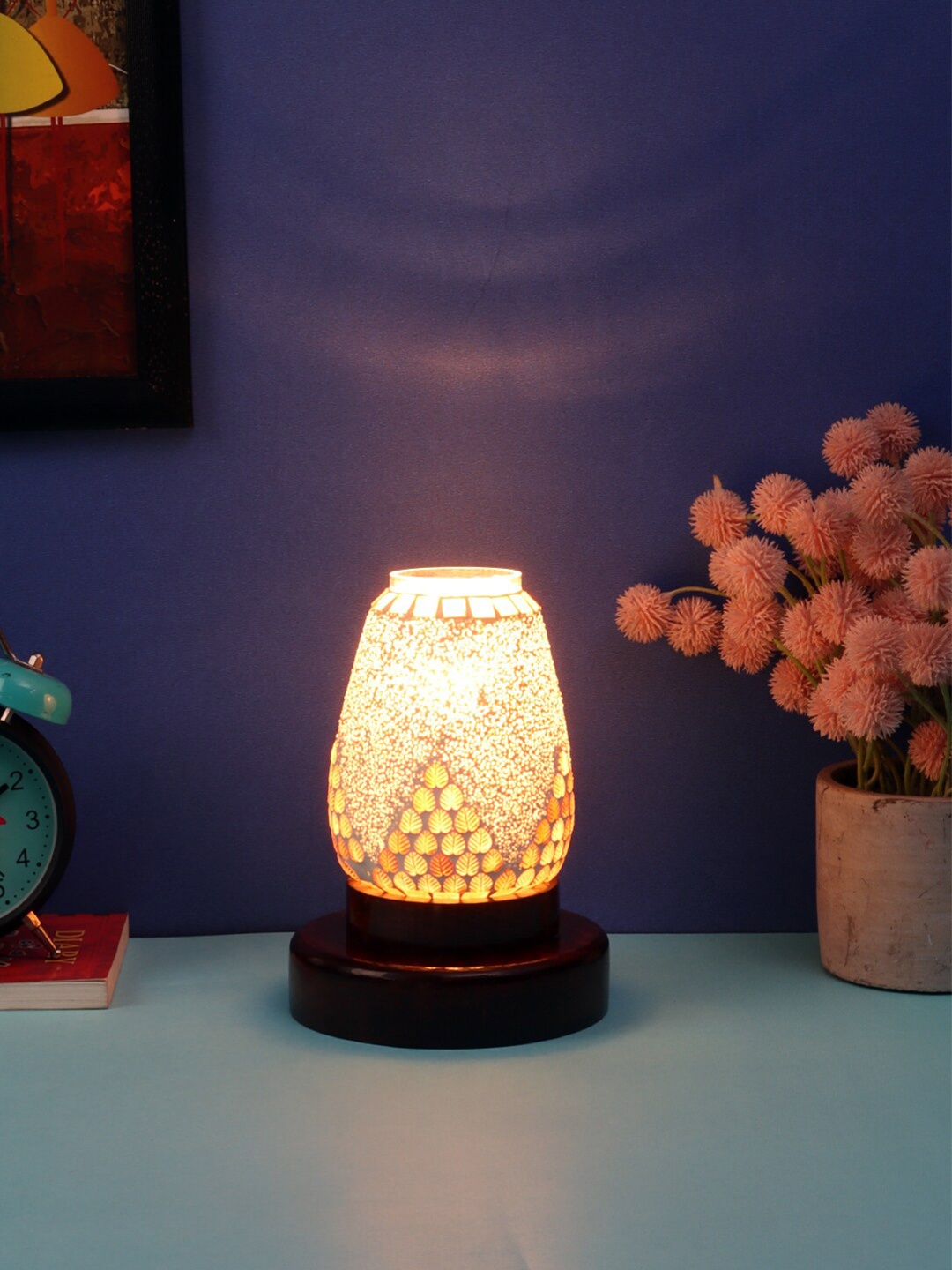 Devansh Multicoloured Textured Mosaic Glass Table Lamp With Wooden Base, Multi