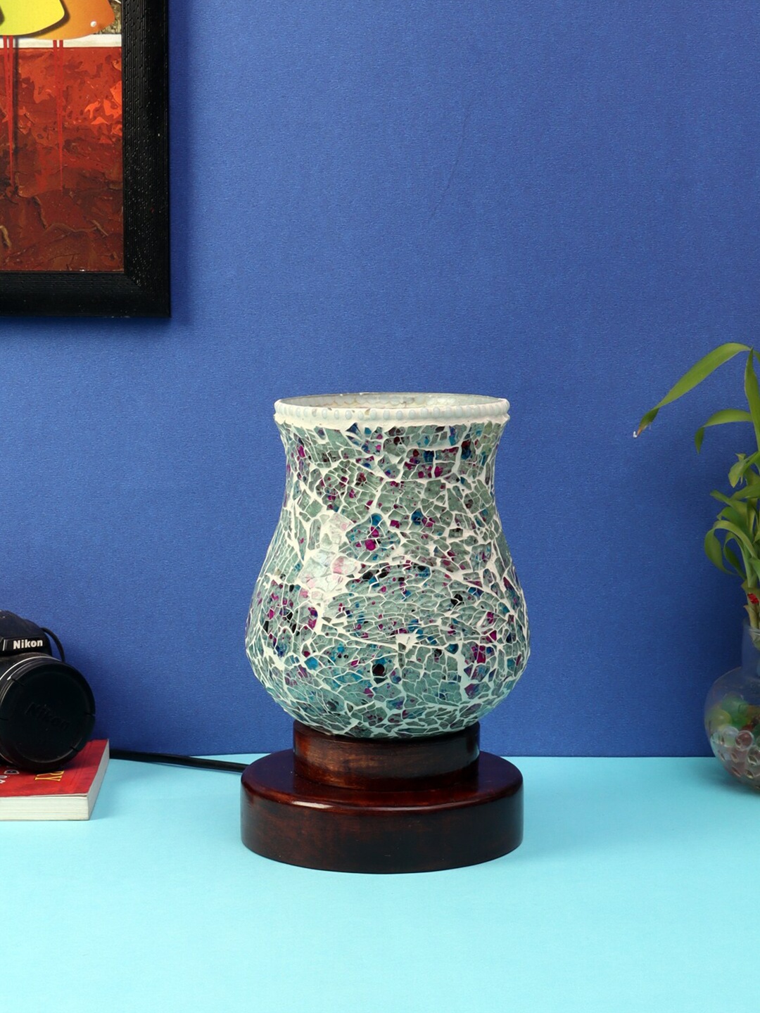 Devansh Multicoloured Mosaic Glass Table Lamp With Wood Base, Multi