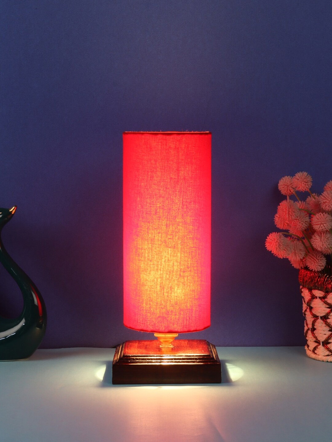 

Devansh Red Cotton Table lamp with Wood Square Base