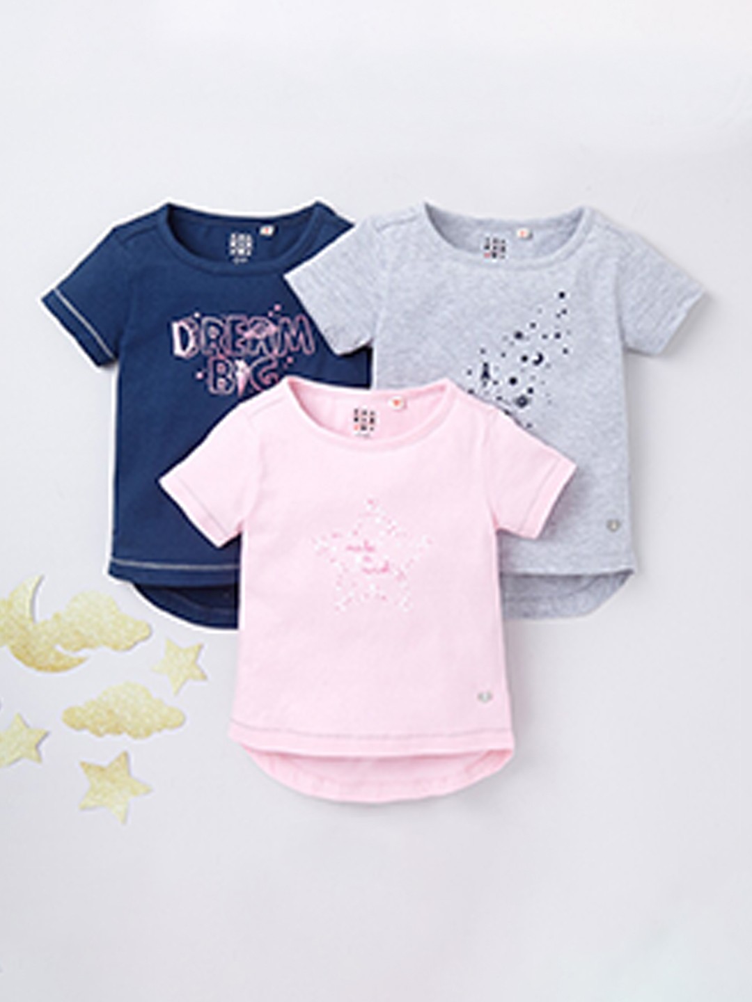 

Ed-a-Mamma Girls Pure Cotton Navy Blue Pink & Blue Set Of 3 Printed T-shirt