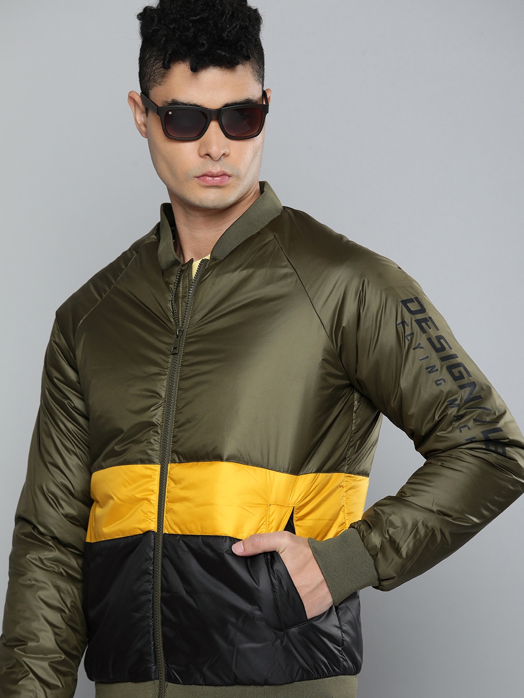 

Flying Machine Men Olive Green Yellow Colourblocked Lightweight Bomber Jacket