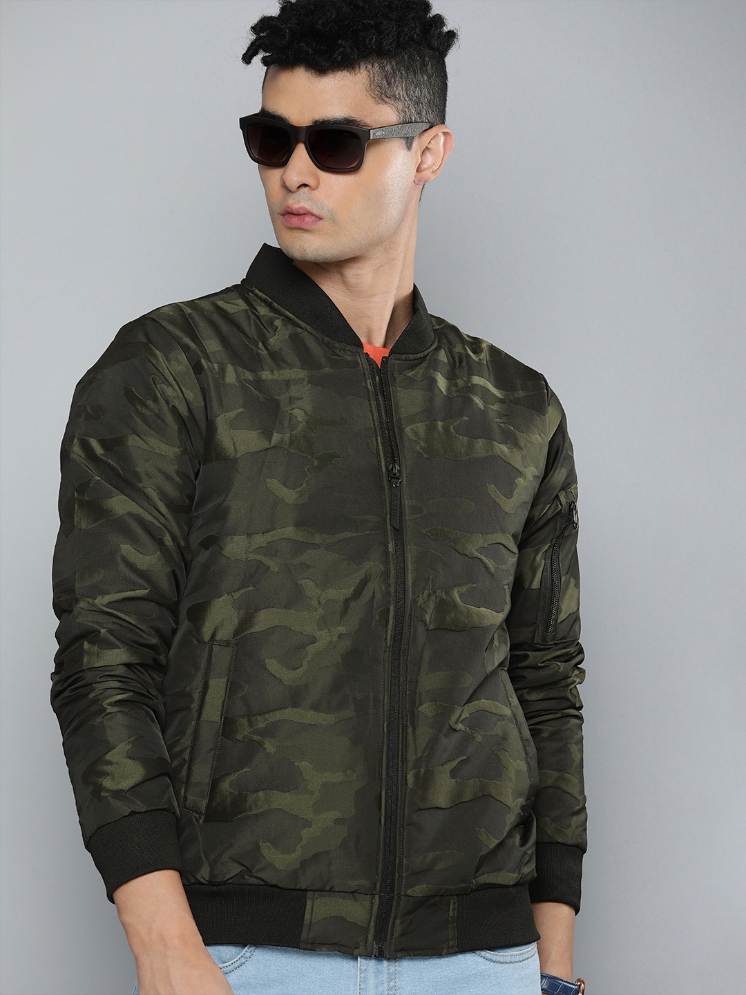

Flying Machine Men Olive Green Black Camouflage Bomber Jacket