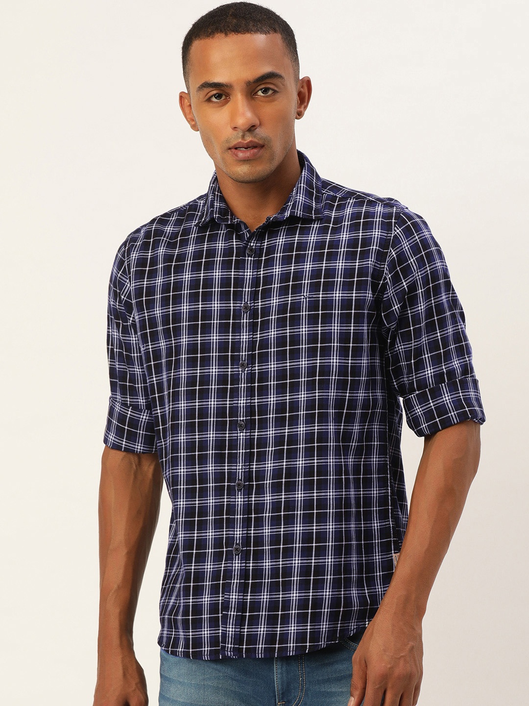 

Flying Machine Men Navy Blue Slim Fit Tartan Checked Pure Cotton Casual Shirt