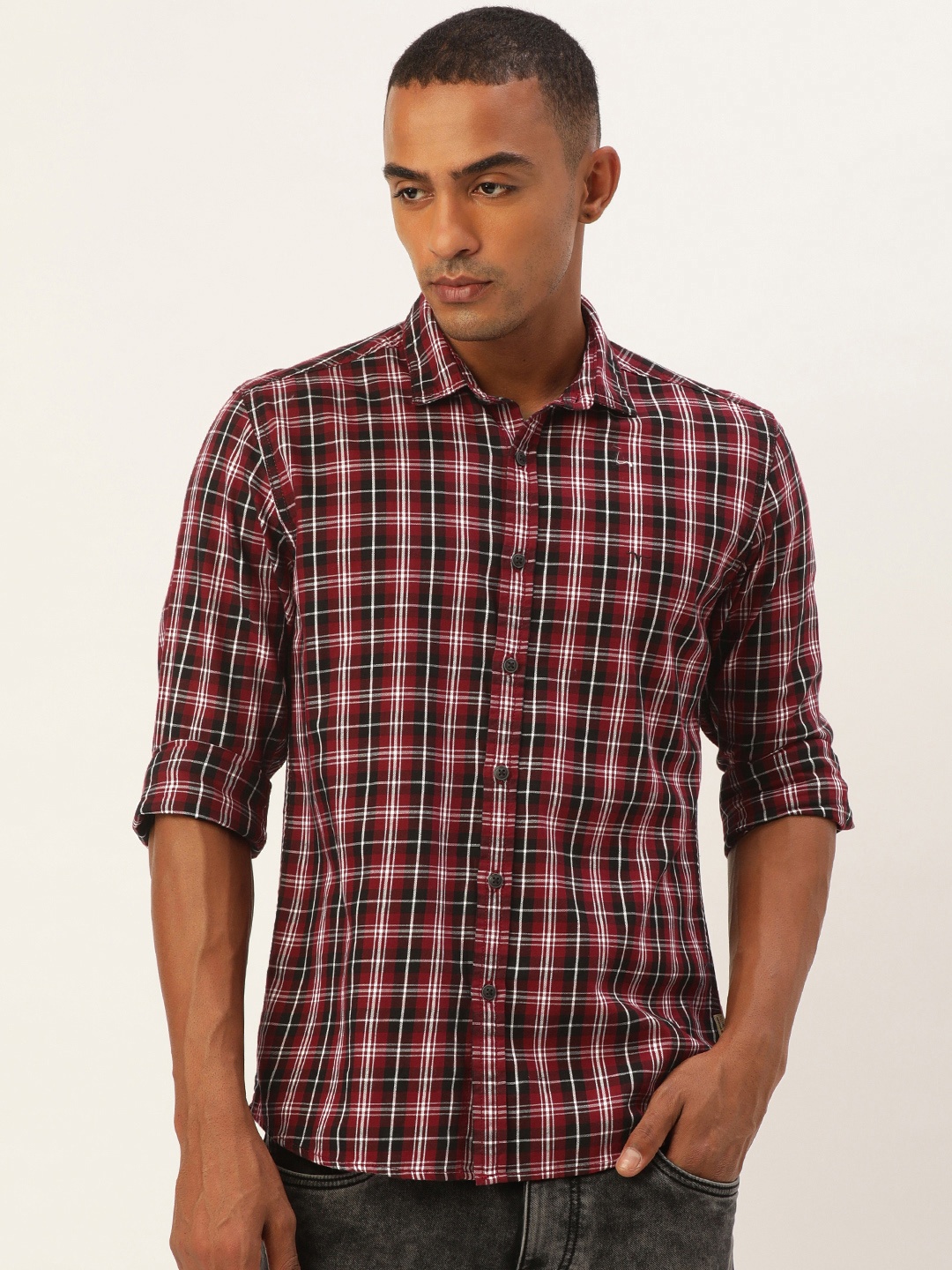 

Flying Machine Men Maroon & Black Slim Fit Tartan Checked Pure Cotton Casual Shirt