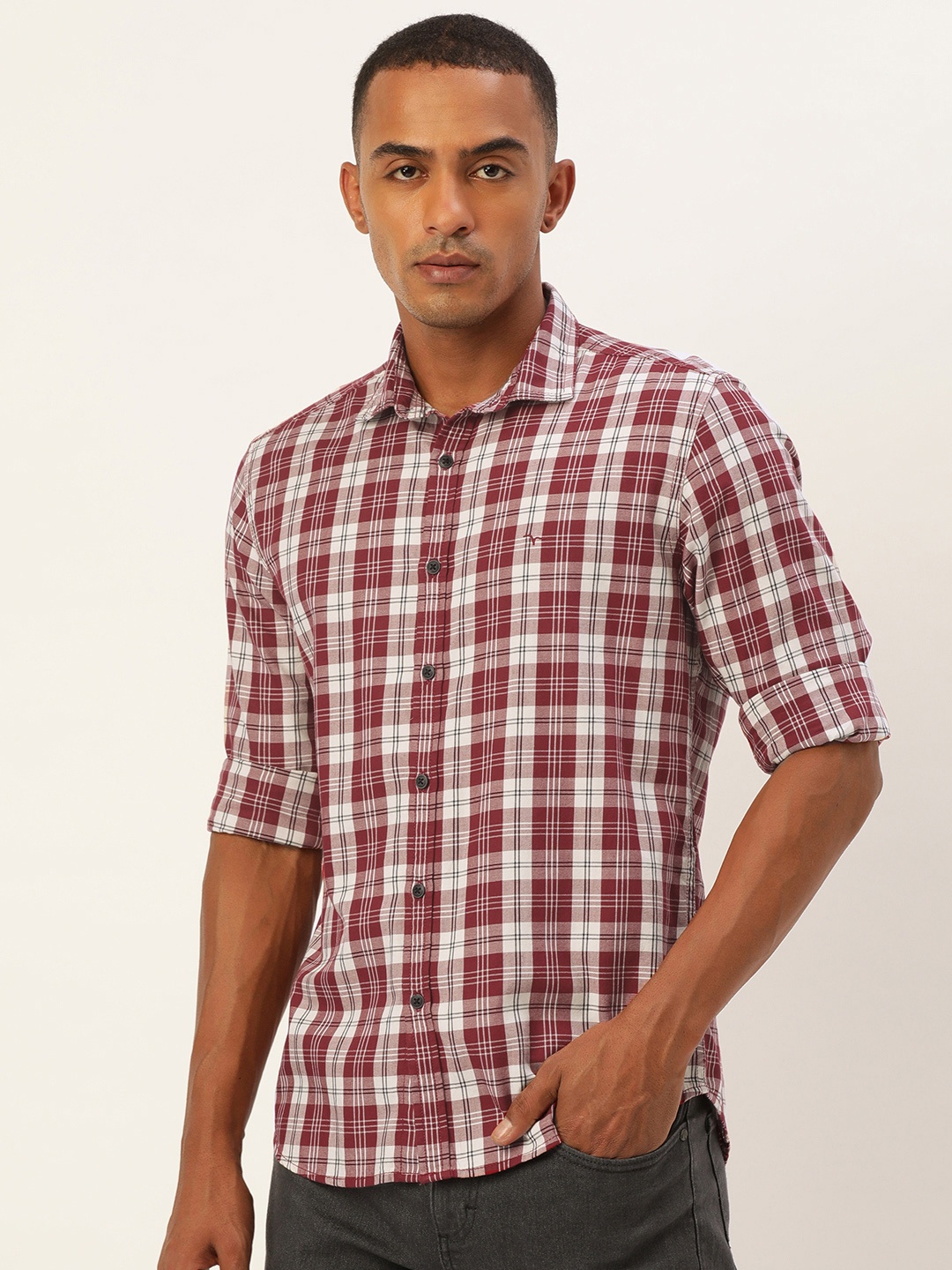 

Flying Machine Men Red Slim Fit Tartan Checked Pure Cotton Casual Shirt