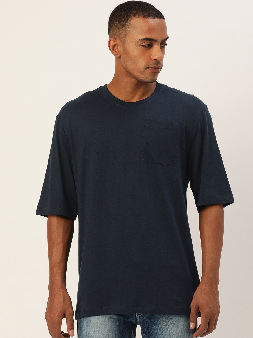 

Flying Machine Men Navy Blue Drop-Shoulder Sleeves Pure Cotton Round Neck T-shirt