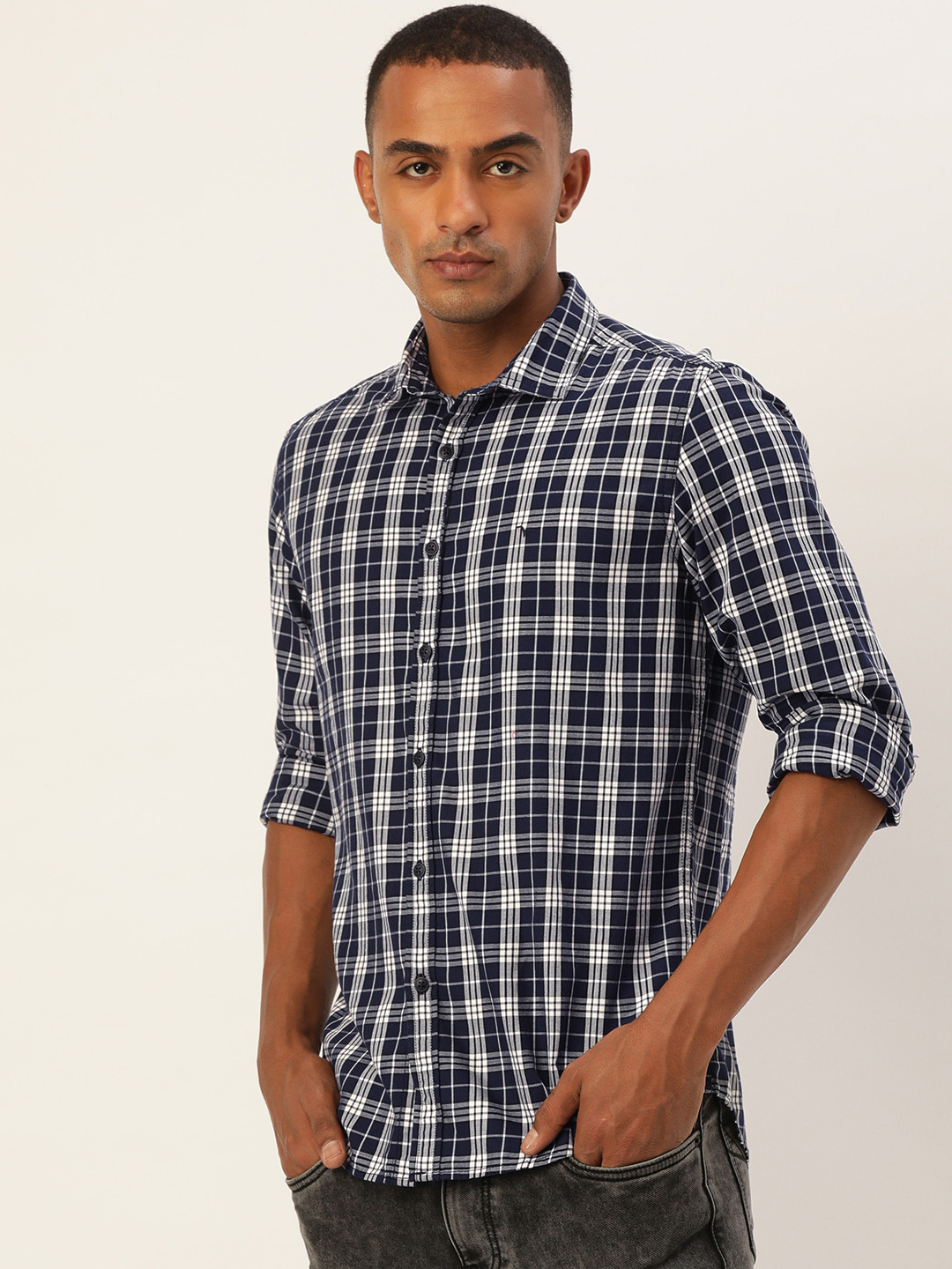 

Flying Machine Men Navy Blue & White Slim Fit Tartan Checked Pure Cotton Casual Shirt