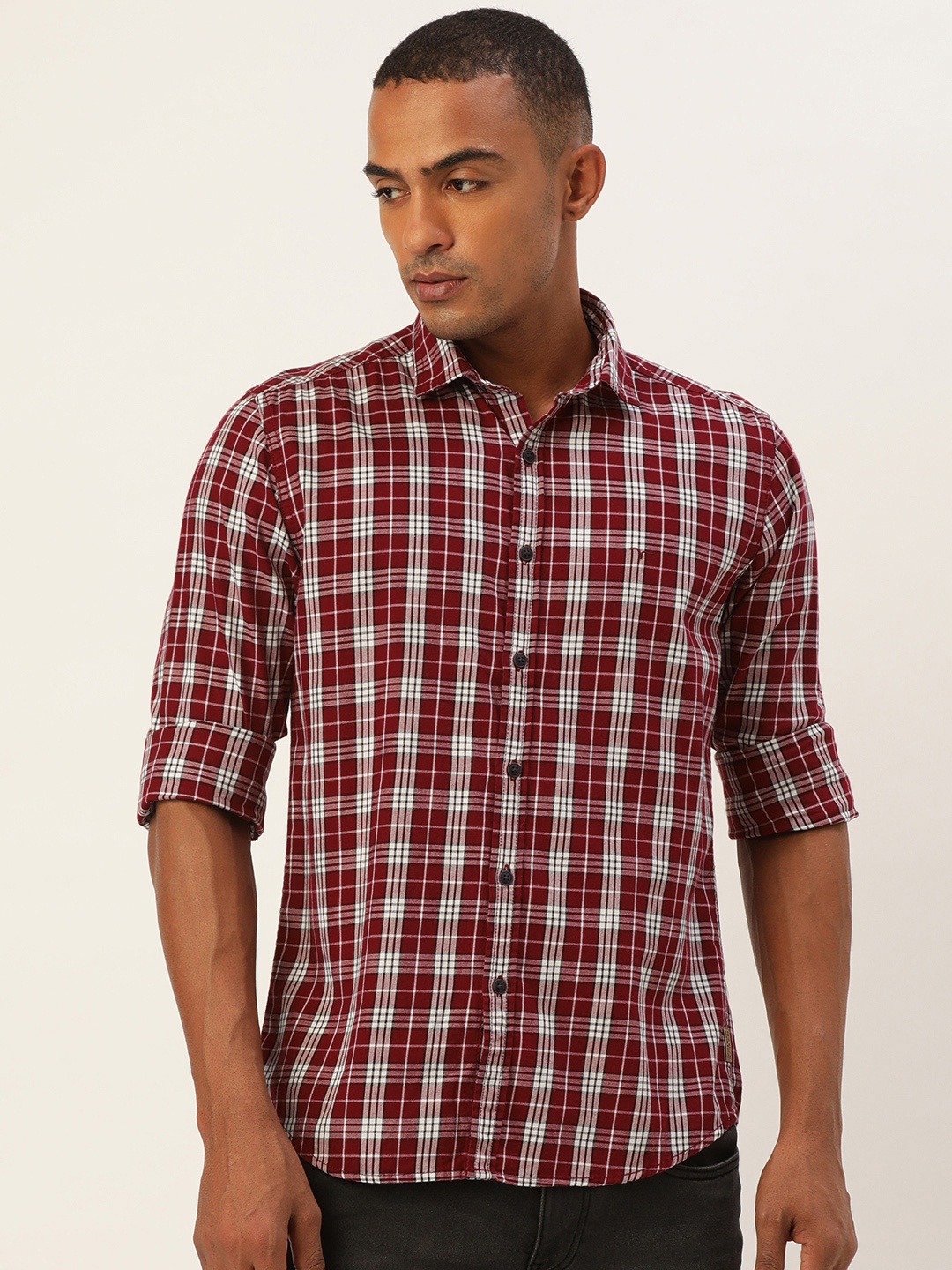 

Flying Machine Men Maroon & White Slim Fit Tartan Checked Pure Cotton Casual Shirt