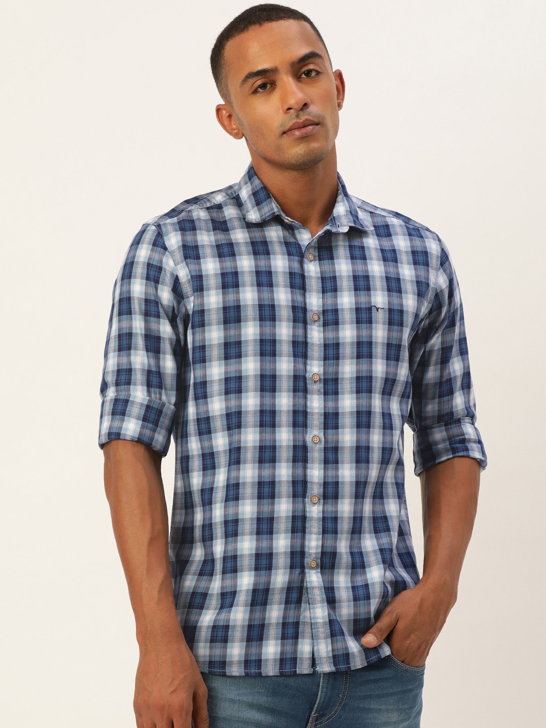 

Flying Machine Men Blue And White Slim Fit Tartan Checked Pure Cotton Casual Shirt