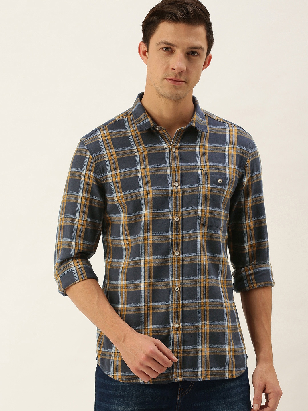 

Flying Machine Men Grey & Yellow Slim Fit Checked Casual Shirt