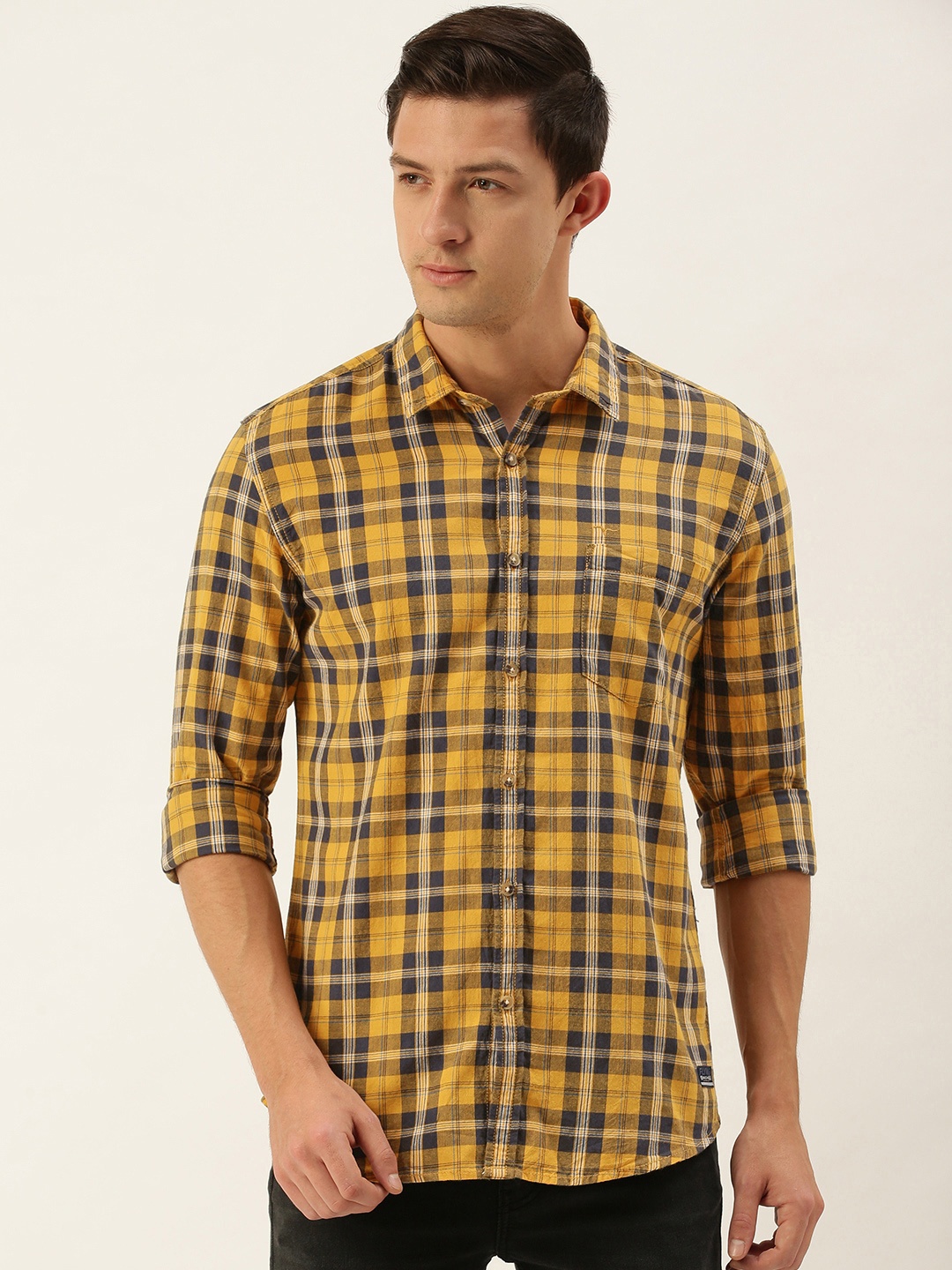 

Flying Machine Men Mustard Yellow & Blue Slim Fit Checked Casual Shirt