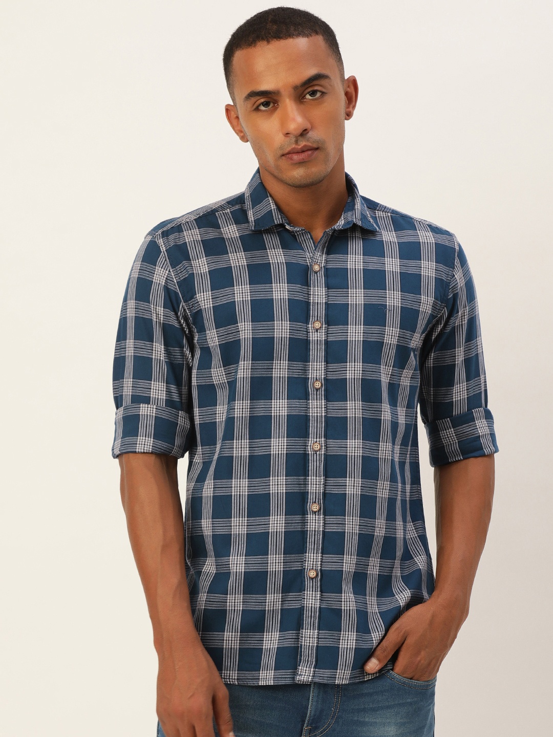 

Flying Machine Men Blue Slim Fit Checked Pure Cotton Casual Shirt