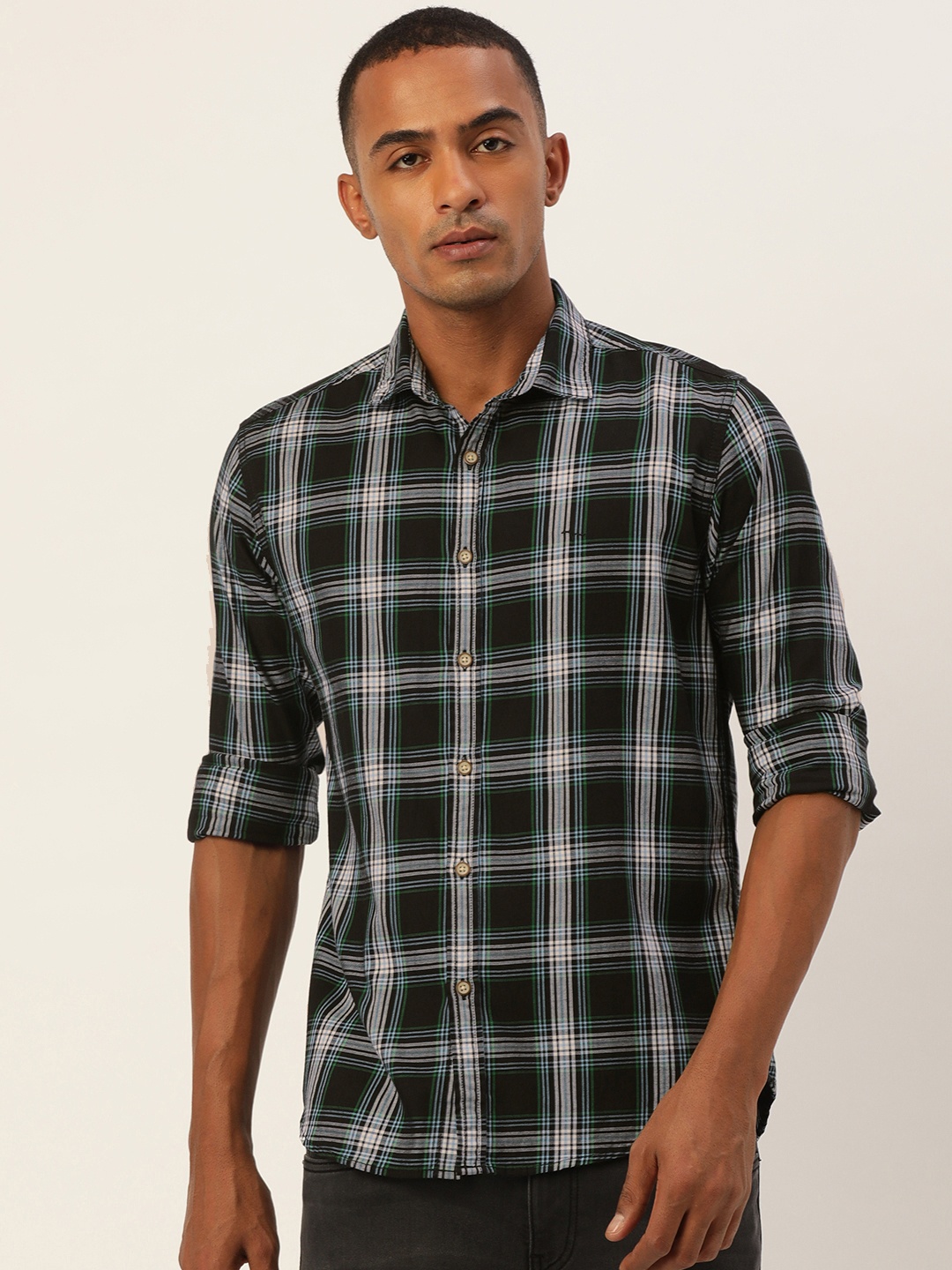 

Flying Machine Men Black & Blue Slim Fit Tartan Checked Pure Cotton Casual Shirt