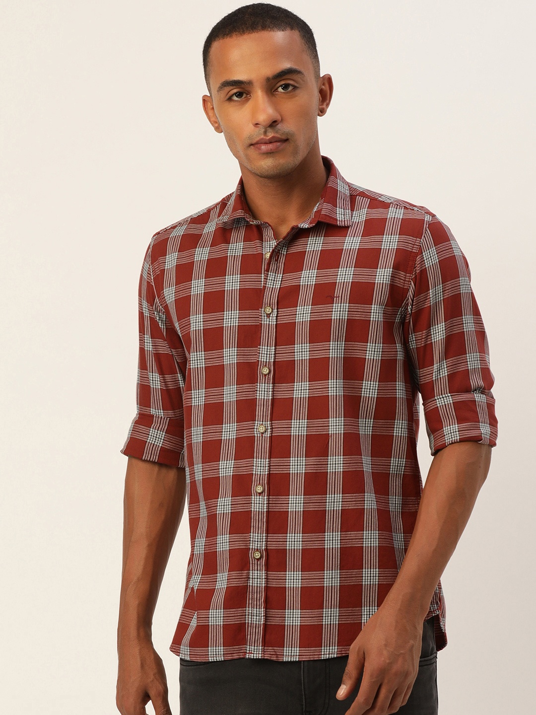 

Flying Machine Men Maroon & Grey Slim Fit Tartan Checked Pure Cotton Casual Shirt