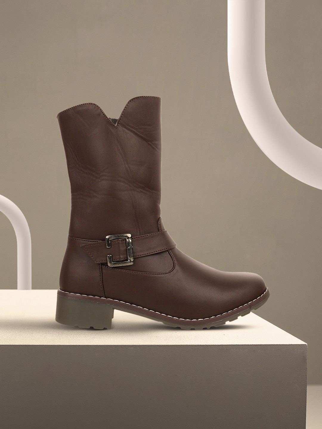 

SHUZ TOUCH Brown Block Heeled Boots With Buckles
