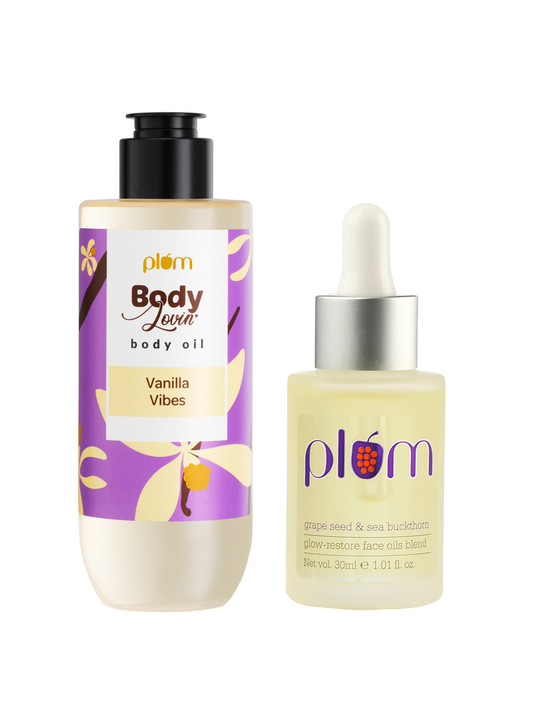 

Plum Set of BodyLovin Vanilla Vibes Body Oil & Grape Seed Glow-Restore Face Oil, Gold