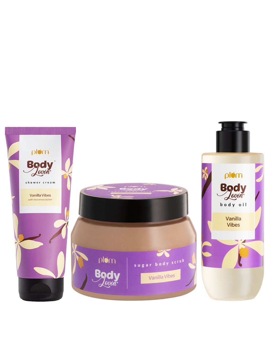 

Plum Set of BodyLovin' Vanilla Vibes Shower Cream with Body Oil & Sugar Body Scrub, Purple